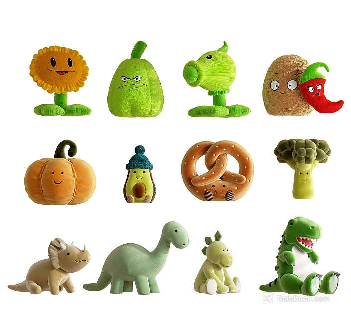 Cute Plush Stuffed Toys With Plant Shaped And Dinosaur Designs Collection 3d model 