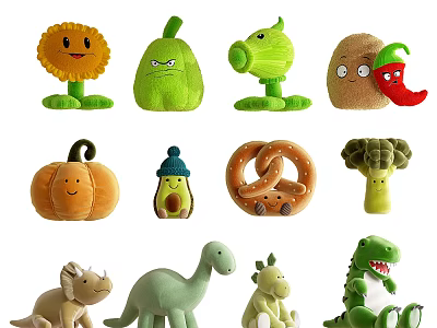 Cute Plush Stuffed Toys With Plant Shaped And Dinosaur Designs Collection 3d model