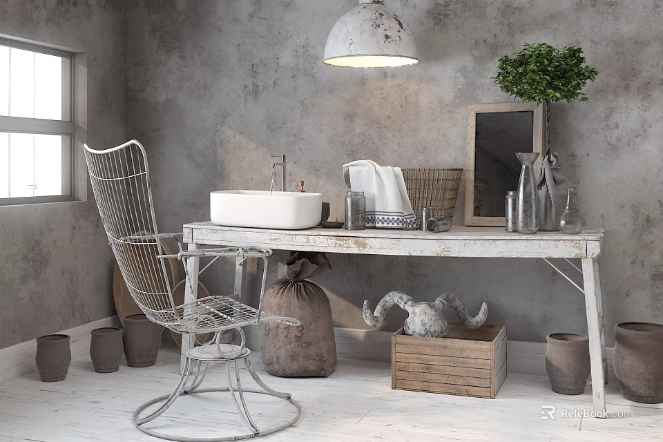 Wireframe Leisure Chair In Industrial Style Room With Gray Wall White Table And Green Plant 3d model 