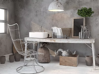 Wireframe Leisure Chair In Industrial Style Room With Gray Wall White Table And Green Plant 3d model