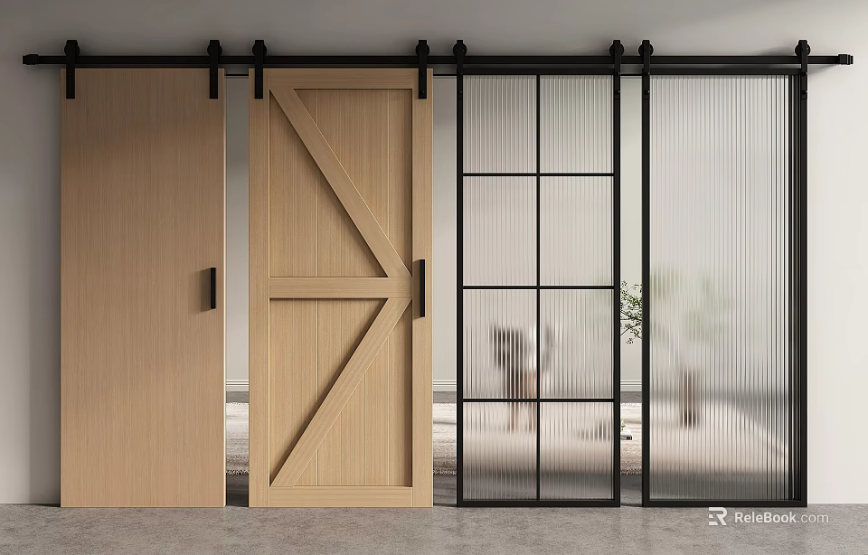 Wooden Barn Door With Black Hardware In Modern Interior 3d model