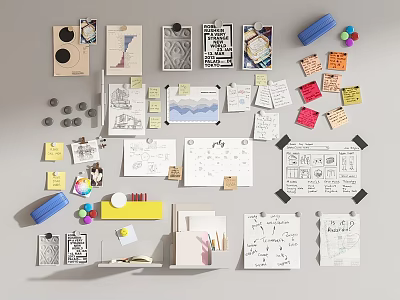 Creative Work Wall With Sticky Notes Sketches Drawings And Colored Supplies 3d model