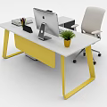 Modern Office Desk With Yellow Legs Monitor Keyboard Mouse Green Potted Plant And White Chair