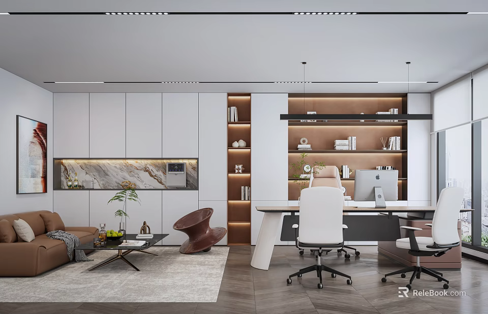Modern Office Interior Design With Brown Sofa Coffee Table And Bookshelves 3d model 