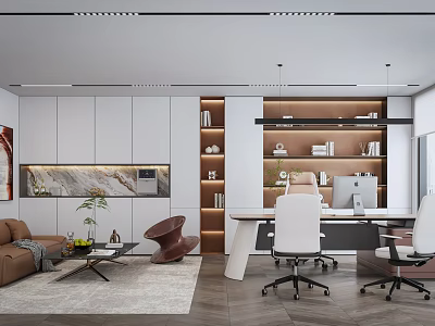 Modern Office Interior Design With Brown Sofa Coffee Table And Bookshelves 3d model