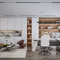 Modern Office Interior Design With Brown Sofa Coffee Table And Bookshelves