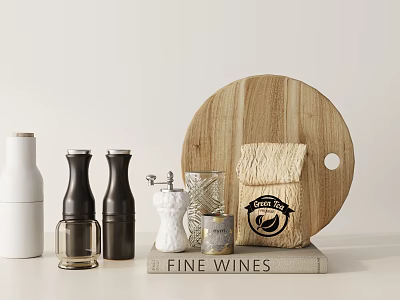 Round Wooden Cutting Board With Black White Clear Spice Bottles And Coffee Woven Bag 3d model