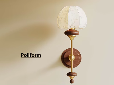 Poliform Wall Lamp With White Fabric Shade Wooden Base And Golden Bracket 3d model