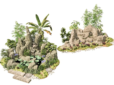 Rockery Stones Garden Landscape Design With Palm Tree Bamboo Green Plants And Stone Path 3d model