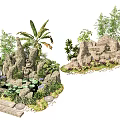 Rockery Stones Garden Landscape Design With Palm Tree Bamboo Green Plants And Stone Path