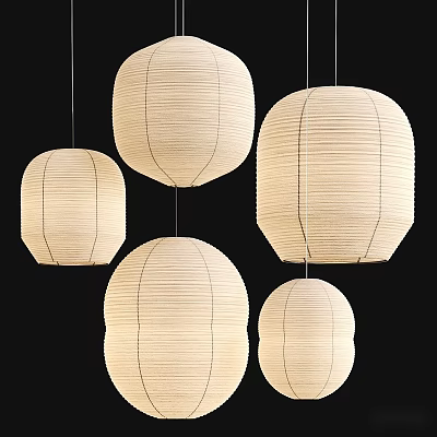 Modern White Paper Pendant Lights With Multiple Round Lantern Shapes Hanging Design 3d model