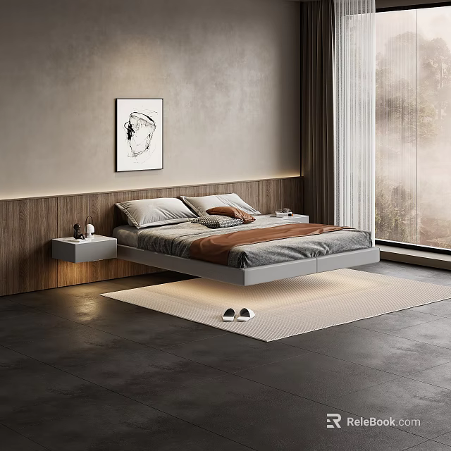 Modern Minimalist Double Bed Interior Design With Floating Frame Nightstand And Rug 3d model 