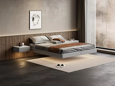 Modern Minimalist Double Bed Interior Design With Floating Frame Nightstand And Rug 3d model
