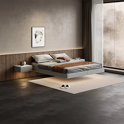 Modern Minimalist Double Bed Interior Design With Floating Frame Nightstand And Rug 3d model