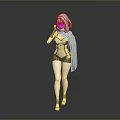 3D Female Character With Light Hair Green Shawl And Dark Outfit Standing In Gray Background