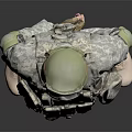Game Movie Military Character in Tactical Uniform With Full Gear Standing Neutral Gray Background