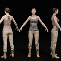 Woman 3D Model Display in Three Angles With Tank Top Khaki Pants and Brown Boots