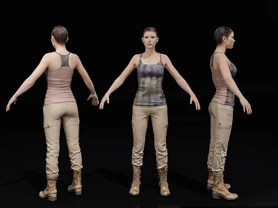 Woman 3D Model Display in Three Angles With Tank Top Khaki Pants and Brown Boots 3d model