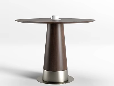 Round Dark Wooden Top Dining Table With Conical Leg Metal Base Accent And White Cup 3d model