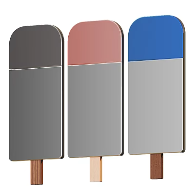 Three Modern Mirrors With Colored Upper Parts And Gray Lower Sections On Wooden Bases 3d model