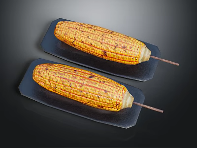Grilled Corn on Wooden Sticks Served on Black Plates with Yellow Kernels 3d model