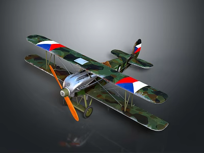 Vintage Camouflage Biplane Model With Red White Blue Wings Orange Propeller And Small Wheels 3d model
