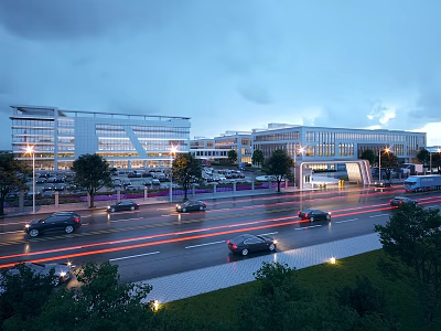 Modern Industrial Factory Exterior Evening View With Road Vehicles Trees And Street Lights 3d model
