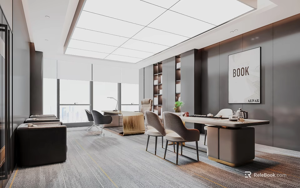 Modern Office Interior Design With Spacious Desk Comfortable Chairs And Wall Art 3d model