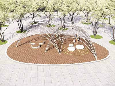 Modern Pergola Design with Curved Structure in Outdoor Park Surrounded by Trees and Wooden Floor 3d model