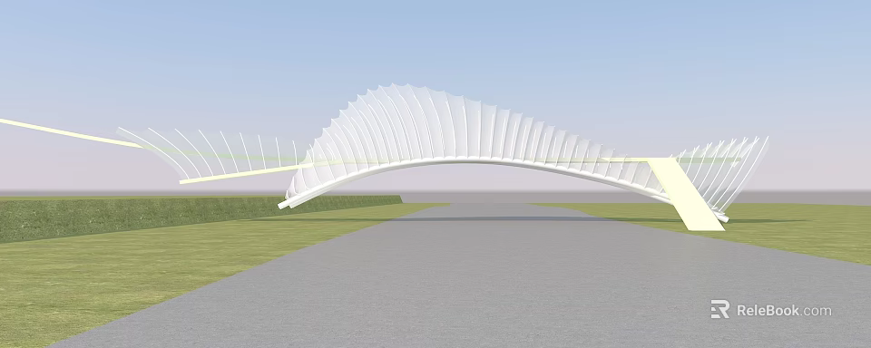 Modern Arched Bridge With Fan-shaped Structure Over Flat Road Green Grass And Blue Sky 3d model 