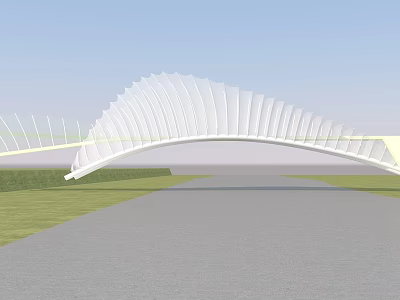 Modern Arched Bridge With Fan-shaped Structure Over Flat Road Green Grass And Blue Sky 3d model