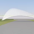 Modern Arched Bridge With Fan-shaped Structure Over Flat Road Green Grass And Blue Sky
