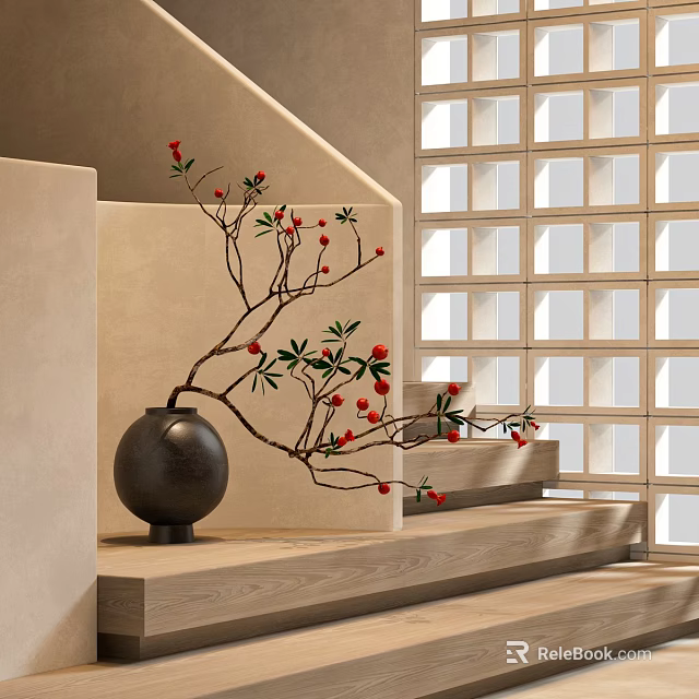 Minimalist Decorative Ornament Set with Black Spherical Vase and Red Berry Branches 3d model 