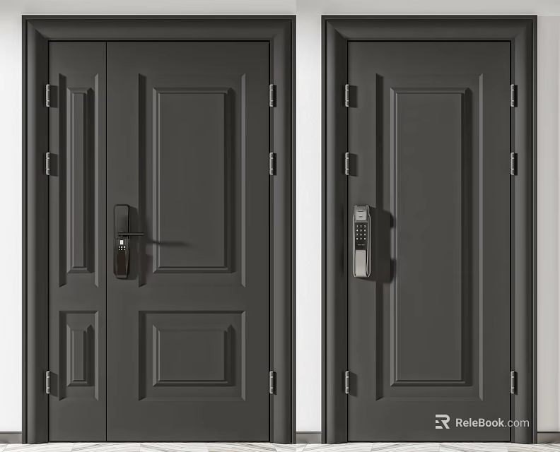 Dark Gray Modern Security Doors With Traditional Handle And Smart Lock Keypad 3d model
