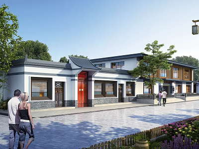 Traditional Chinese Storefront Facade Featuring White Walls Black Tiled Roofs Red Doors And Classic Elements 3d model