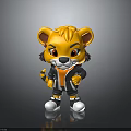 3D Cartoon Lion Character with Yellow Fur Orange Mane Wearing Black Orange Outfit Standing Pose