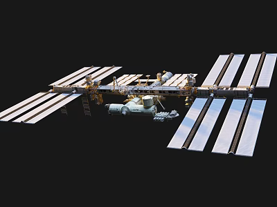 Cartoon Style International Space Station Scene with Solar Panels Modules and Black Space Background 3d model