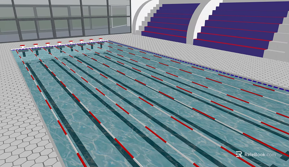 Indoor Swimming Pool With Red Lane Lines Purple Spectator Seats And Large Windows 3d model 