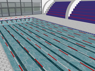 Indoor Swimming Pool With Red Lane Lines Purple Spectator Seats And Large Windows 3d model