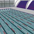 Indoor Swimming Pool With Red Lane Lines Purple Spectator Seats And Large Windows