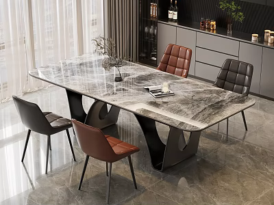 Modern Dining Set with Marble Tabletop and Brown Black Leather Chairs 3d model