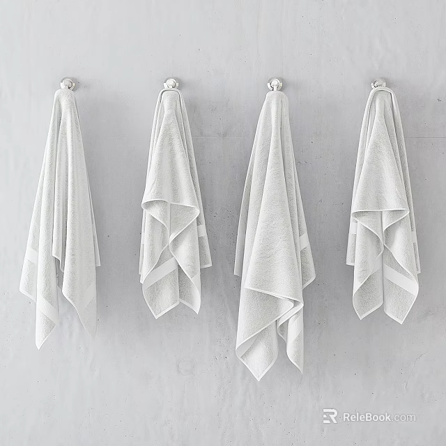 White Soft Towels Hanging On Wall Hooks In Modern Bathroom 3d model 