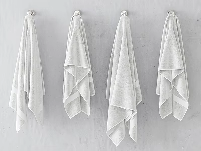 White Soft Towels Hanging On Wall Hooks In Modern Bathroom 3d model