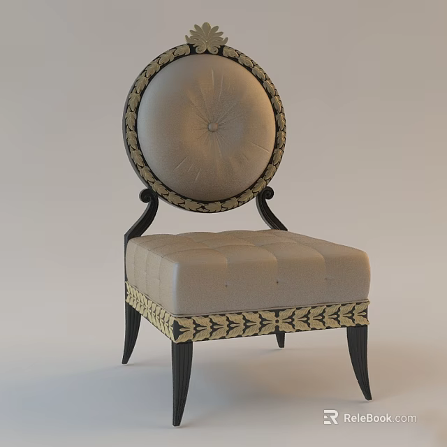 Elegant Circular Backrest Accent Chair With Beige Tufted Cushion Dark Wooden Legs And Patterned Trim 3d model 