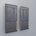 Dark Colored Metal Sliding Doors With Vertical Stripes And Warning Stripes At The Bottom