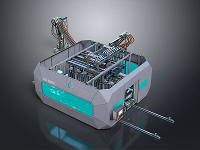 Automatic Daily Necessities Production Machine With Mechanical Arms And Blue Panels 3d model