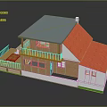 Cartoon Style Two Story House With Blue Red Roofs White Balcony Railing And Brown Walls