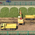Active Construction Site With Excavator Dump Truck Green Fence And Grass Slope