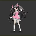 Cute Anime Doll with Pink Dress Long Dark Pigtails and White Socks on Transparent Base