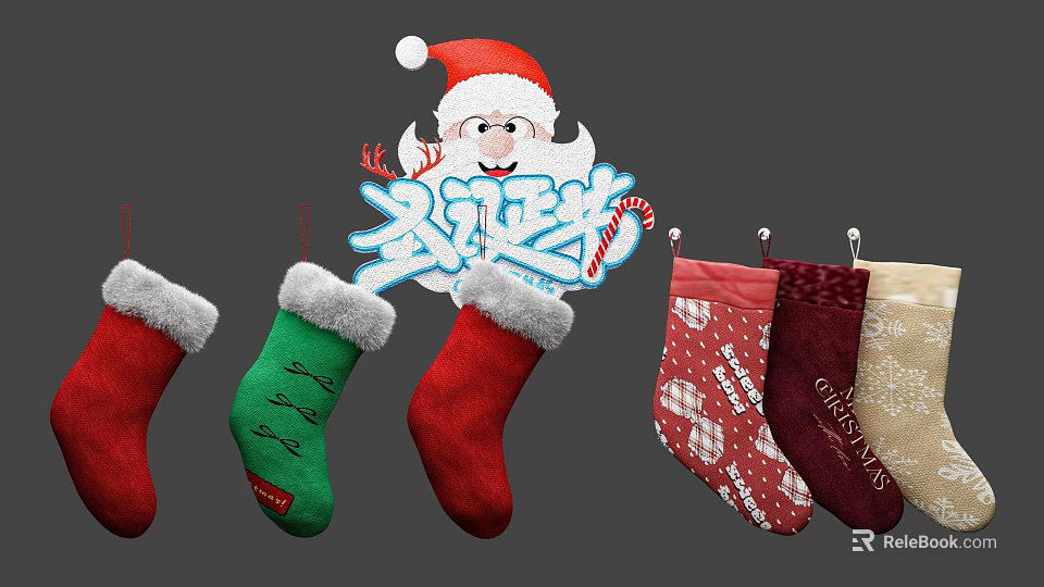 Festive Christmas Stockings In Various Colors And Patterns With Santa Claus 3d model 